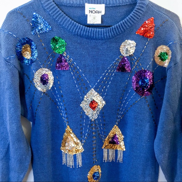 Vintage 80s Sequin Blue Sweater Dress - Picture 3 of 16